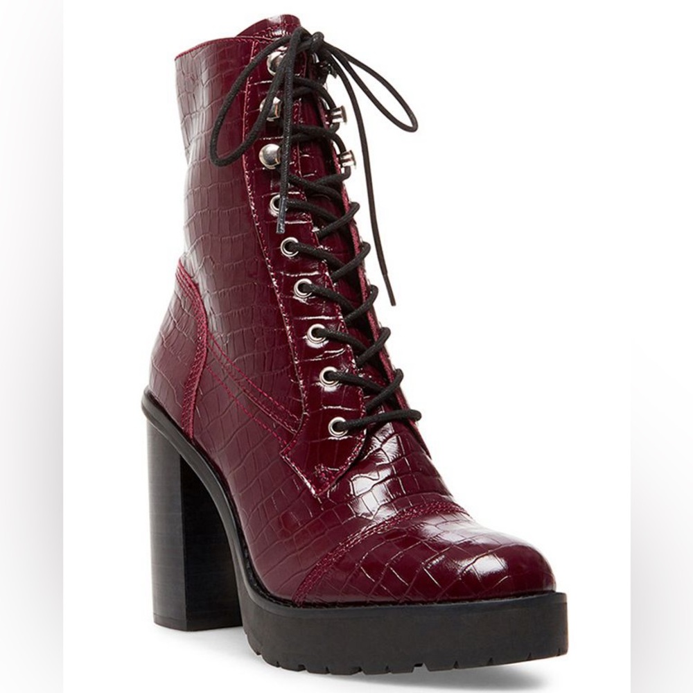 Winnie Harlow x Steve Madden burgundy croc booties